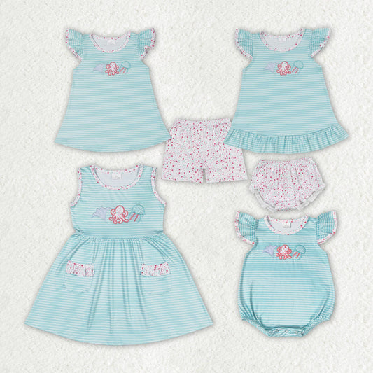 Baby Girl Stripes Embroidery Octopus Sibling Sister Clothes Sets