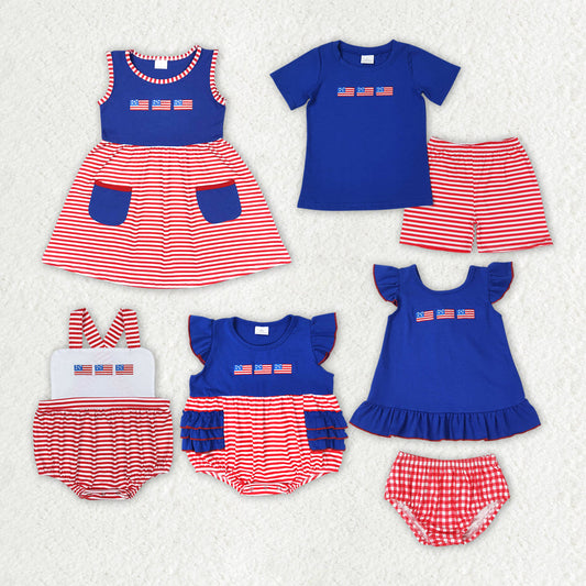 Baby Boy Girl Embroidery Flags July 4th Sibling Clothing Set Romper Dress