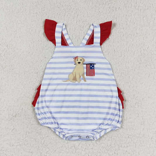 Baby Girl Blue Stripes Embroidery Dog Flag Romper