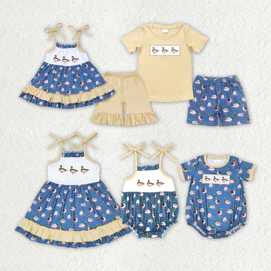 Baby Boy Girl Embroidery Ducks Sibling Romper Set