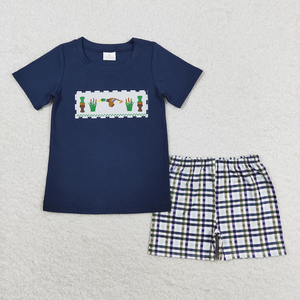 Baby Boy Embroidery Ducks Shirt Plaid Shorts Outfit Set