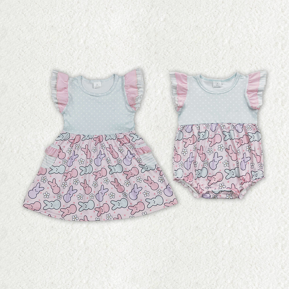 Baby Girl Easter Rabbits Sibling Dress Rompers