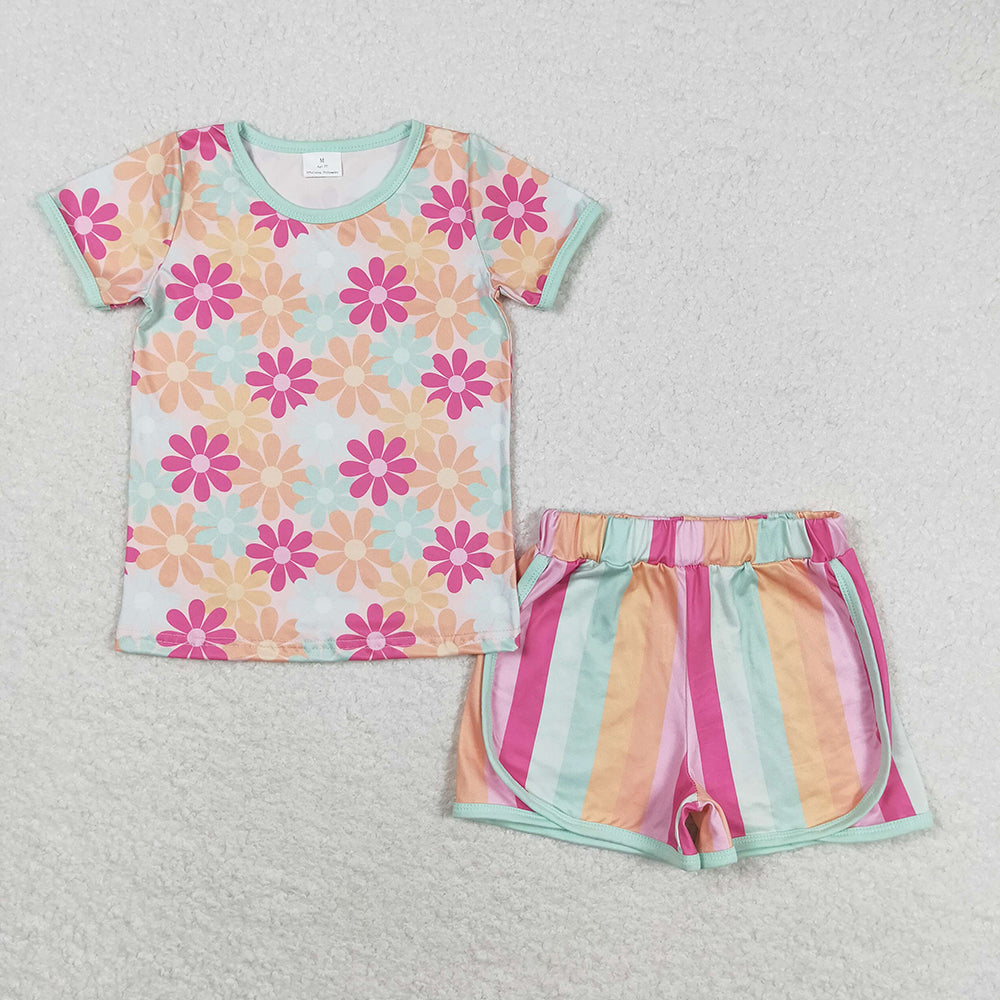 Baby Girl Flower Tee Shirts Colorful Stripes Shorts Summer Set