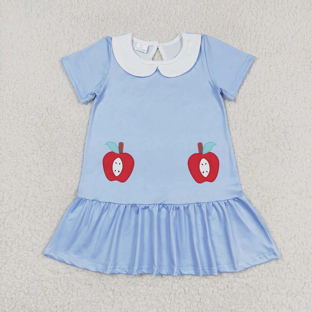 Baby Girl Short Sleeves Apples Back To School Blue Dress