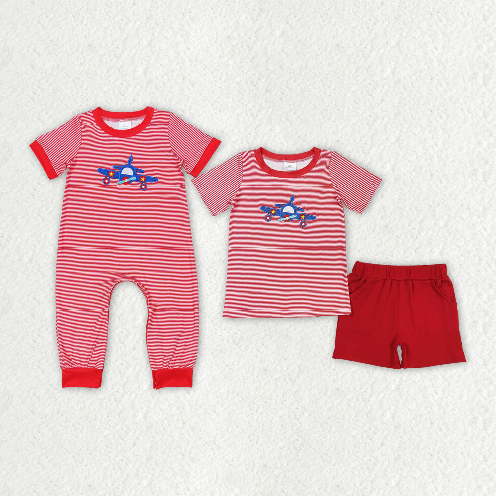 Baby Boy Planes Sibling Brother Red Stripes Romper Clothes Sets