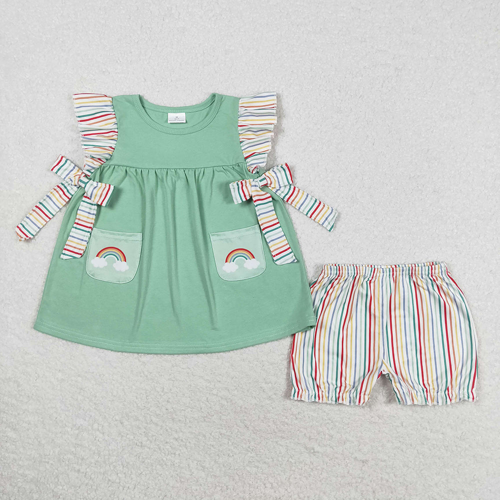 Baby Girl Rainbow Pocket Green Tunic Stripes Shorts Set