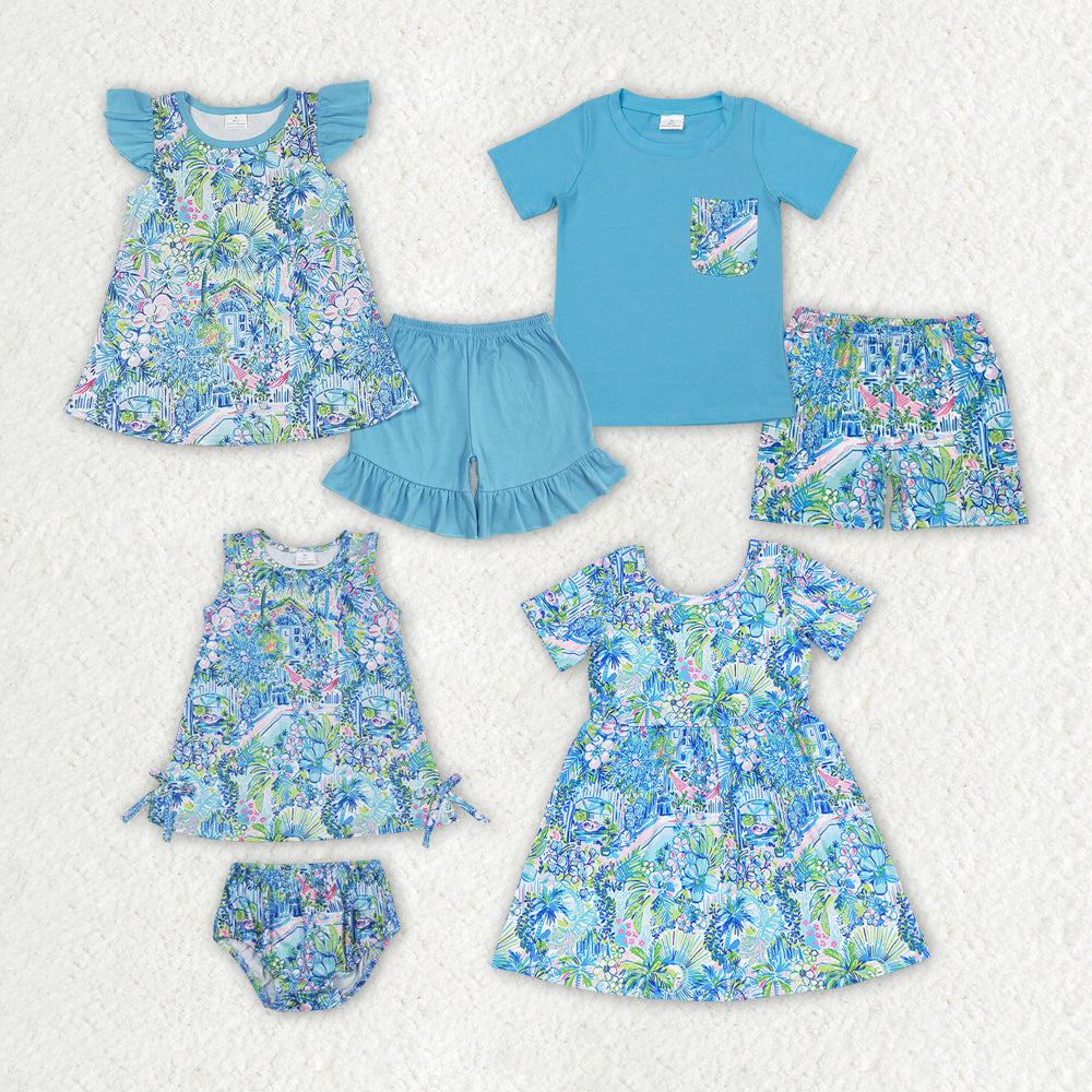 Baby Girls Blue Flowers Sibling Rompers Clothes Sets