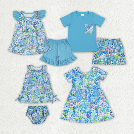 Baby Girls Blue Flowers Sibling Rompers Clothes Sets