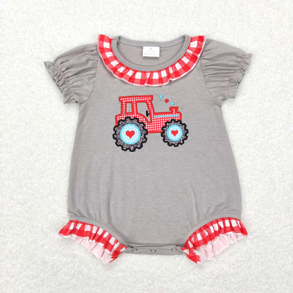 Baby Boy Girl Valentines Embroidery Tractor Sibling Romper Set