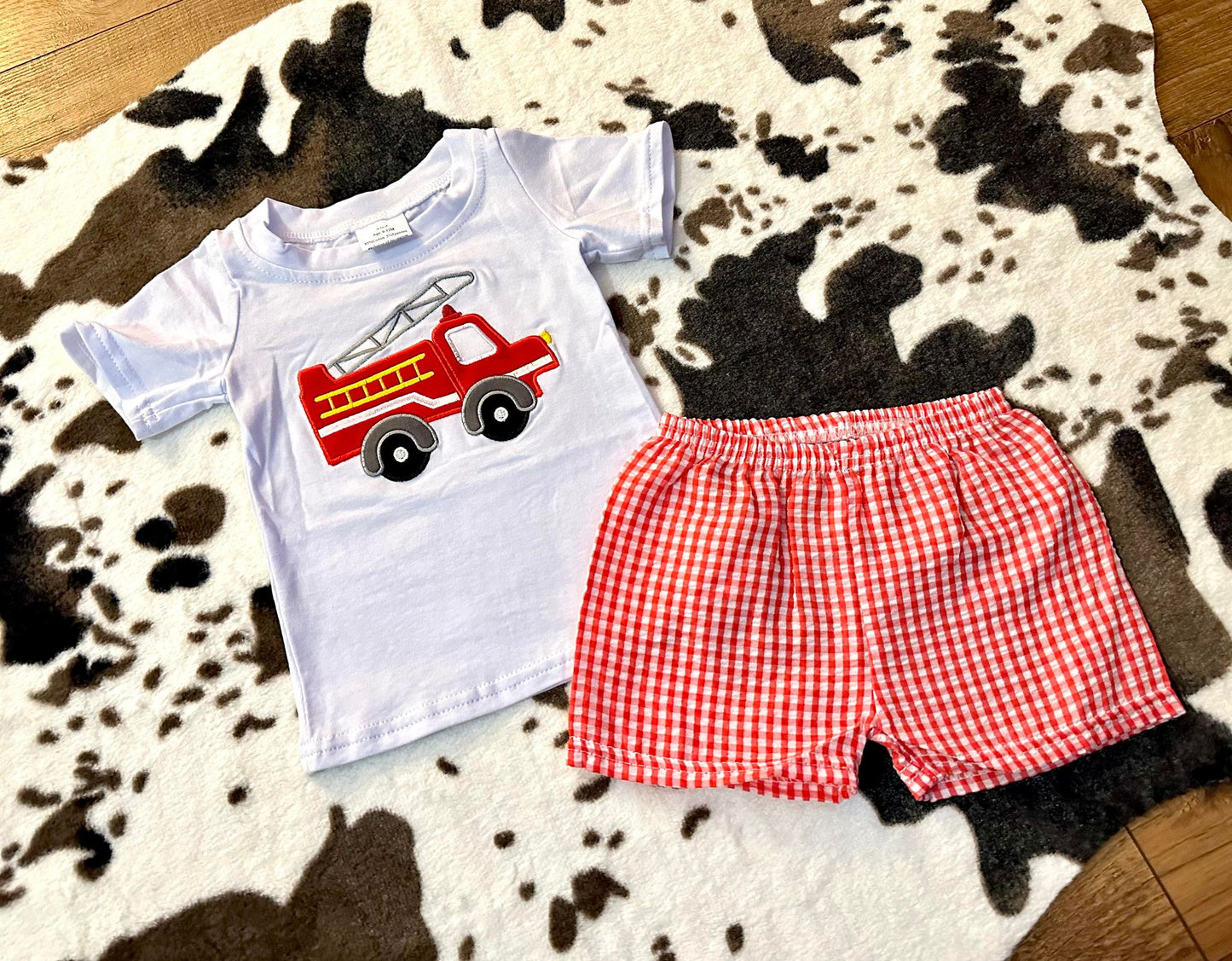 Promotion Baby Boy Embroidery Firetruck Shirt Red Plaid Shorts outfits