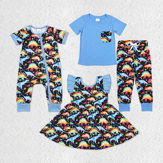 Baby Boy Girl Short Sleeves Dinosaurs Sibling Romper Dress Set