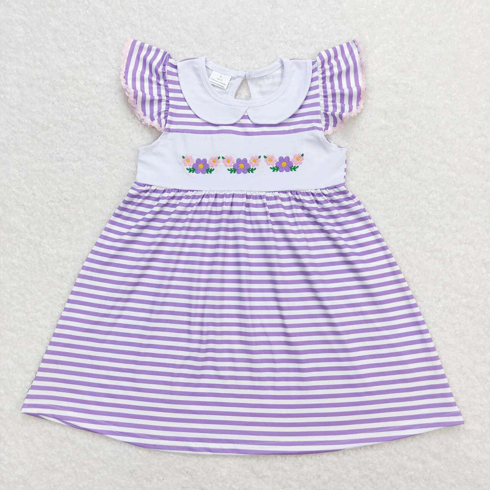 Baby Girl Purple Stripes Embroidery Flower Dress Romper Sibling Sister Clothes