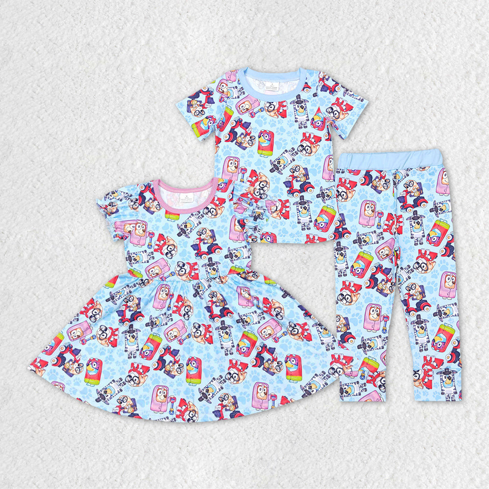 Baby Boy Girl Short Sleeves Dogs Sibling Blue Dress Set