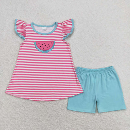 Baby Girl Pink Stripes Embroidery Watermelon Summer Sibling Sister Clothes Sets