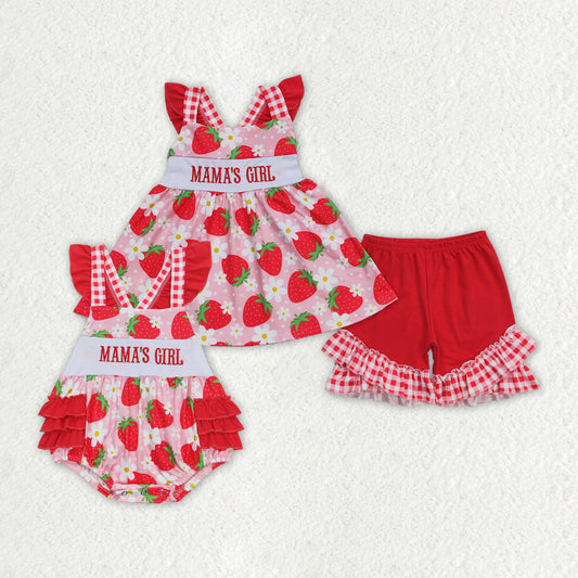 Mama's Girl Strawberry Embroidery Romper Sibling Sister Clothes Set