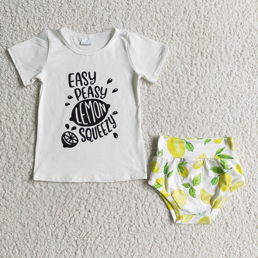 Promotion Baby Girl Summer Short Sleeves Shirt Lemon Bummies Outfit