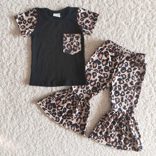 Promotion Baby Girl Pocket Black Shirts Leopard Bell Pants Outfit