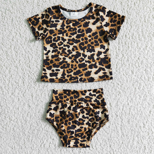 Promotion Baby Girl Girl Short Sleeves Leopard Tops Bummies Outfit