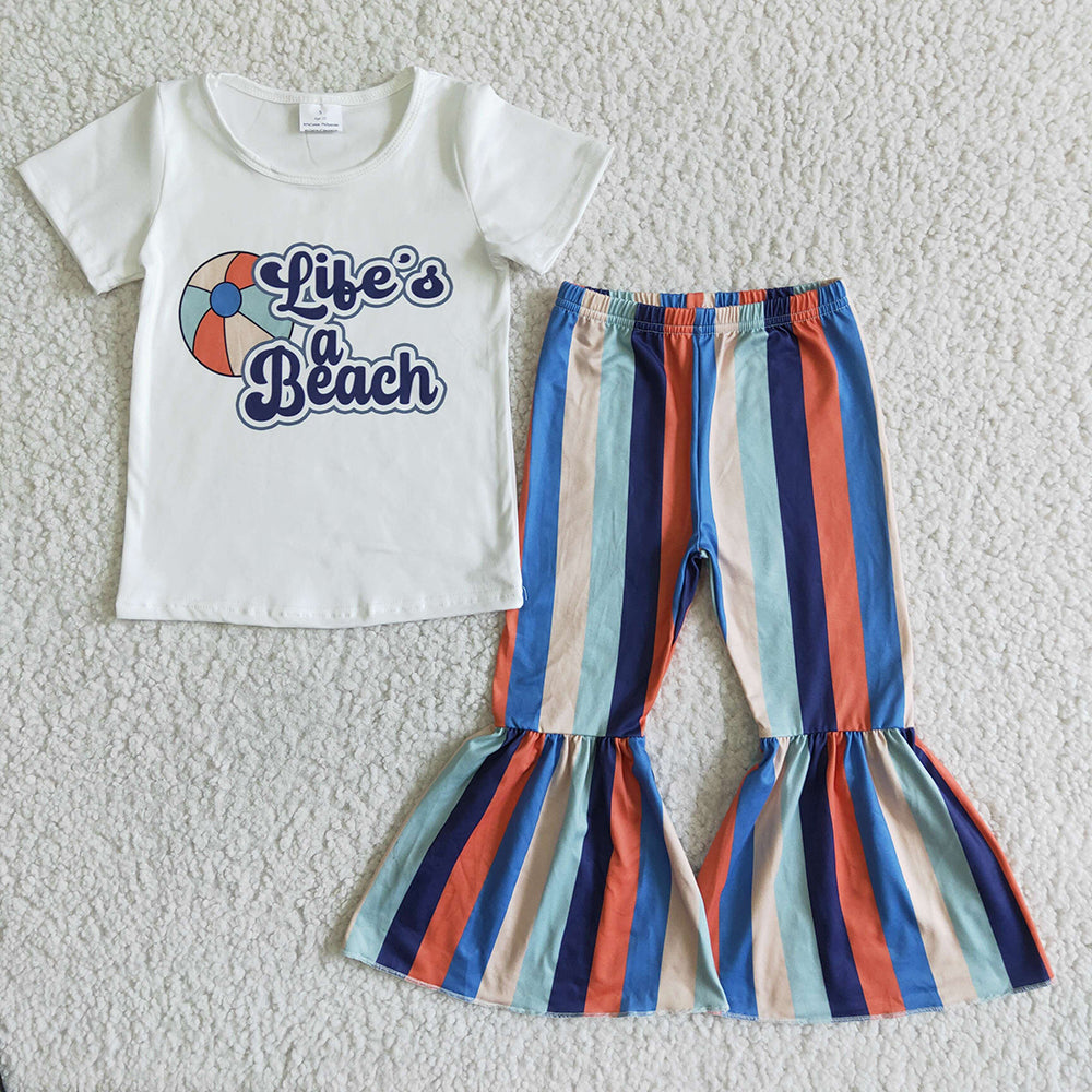 Promotion Baby Girl Beach Ball Shirt Stripe Bell Pants Set