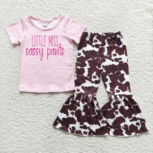 Promotion Baby Girl Little Miss Sassy Pink Shirt Cow Print Pants Set