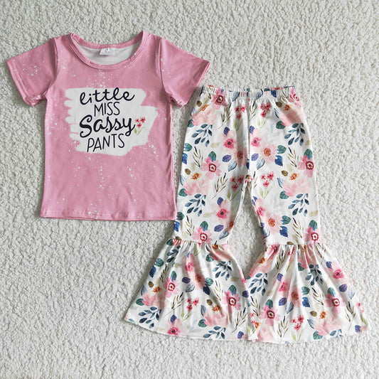 Promotion Baby Girl Pink Sassy Shirt Floral Bell Pants Set