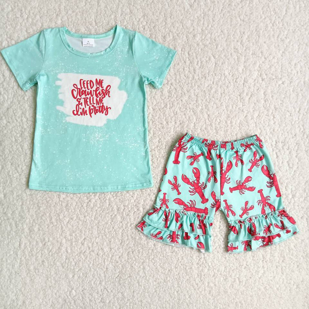 Promotion Baby Girl Short Sleeves Crawfish Shirt Shorts Summer Set