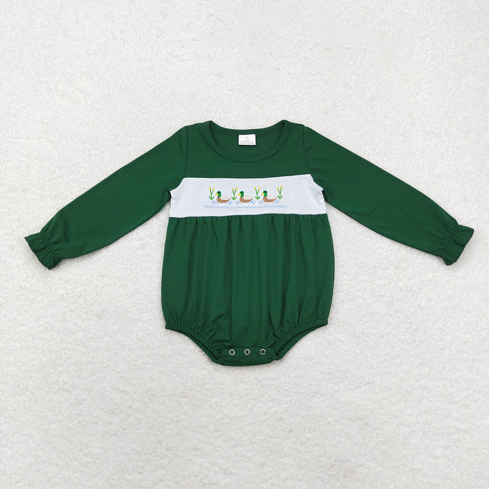 Baby Boy Girl Embroidery Ducks Sibling Green Dress Romper Clothes Set