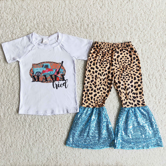 Promotion Baby Girl Mama Tried Leopard Sequins Bell Pants Outfit