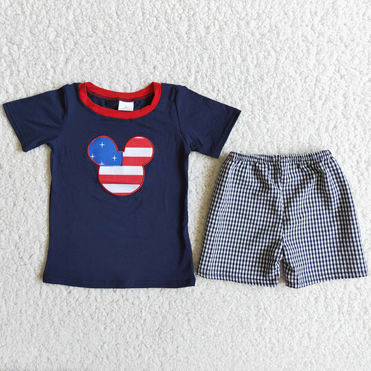 Promotion Baby Boy Embroidery Mouse July 4th Short Set