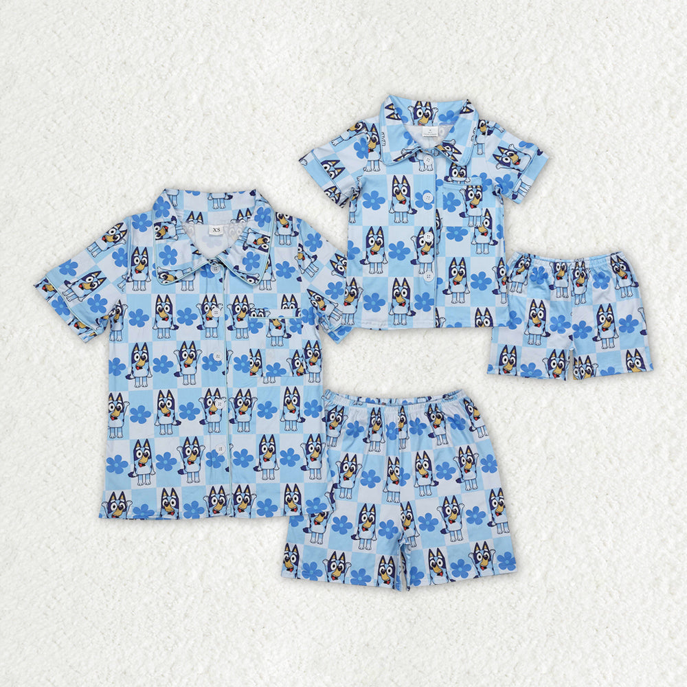 Baby Girl Adult Women Dogs Checkered Flower Sibling Mommy and Me Buttons Pajamas Set