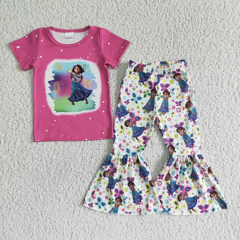 Promotion Baby Girl Pink Shirt Cartoon Bell Pants Set