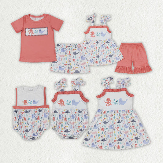 Baby Boy Girl Octopus Crab Sea Lion Sibling Romper Dress Set