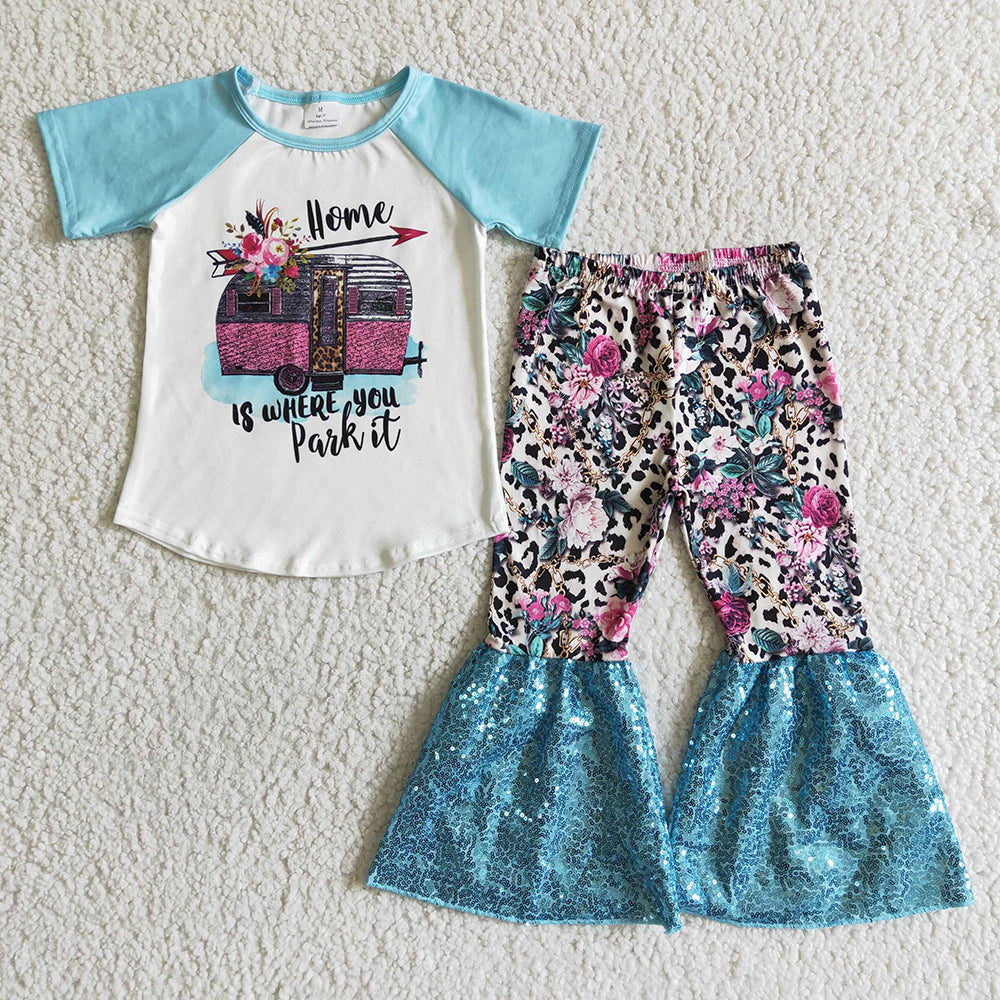 Promotion Baby Girl Short Sleeves Shirt Leopard Flower Sequins Pants Set