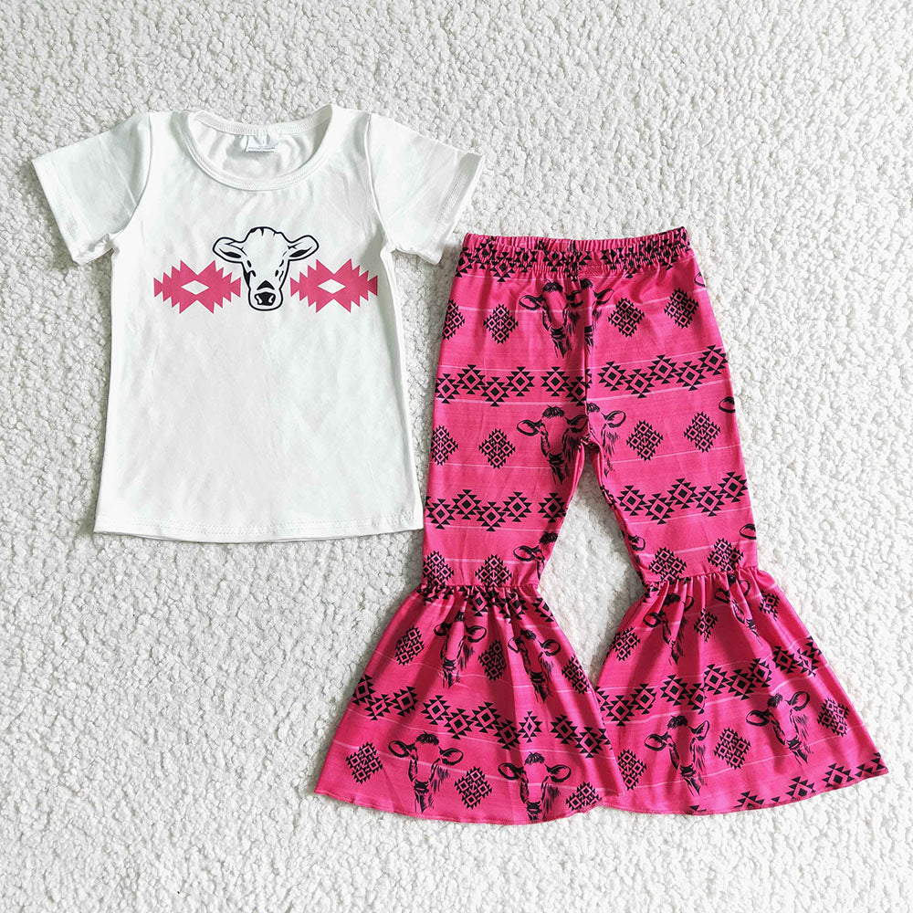 Promotion Baby Girl Cow Shirt Pink Bell Pants Set