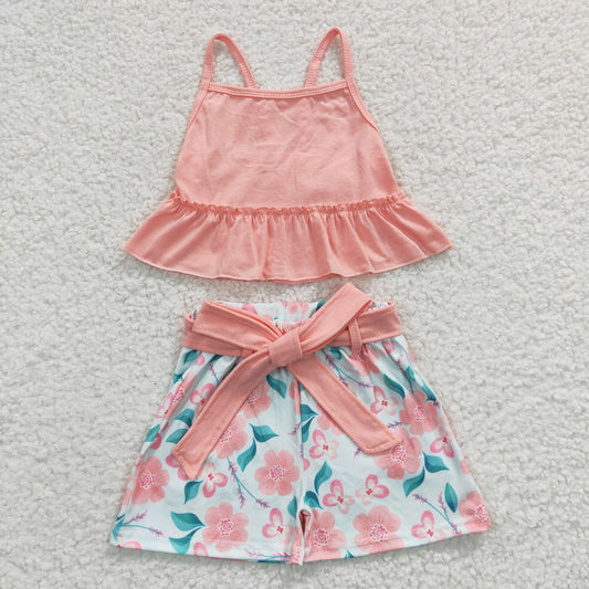 Promotion Baby Girl Halter Tops Floral Belt Shorts Summer Outfit