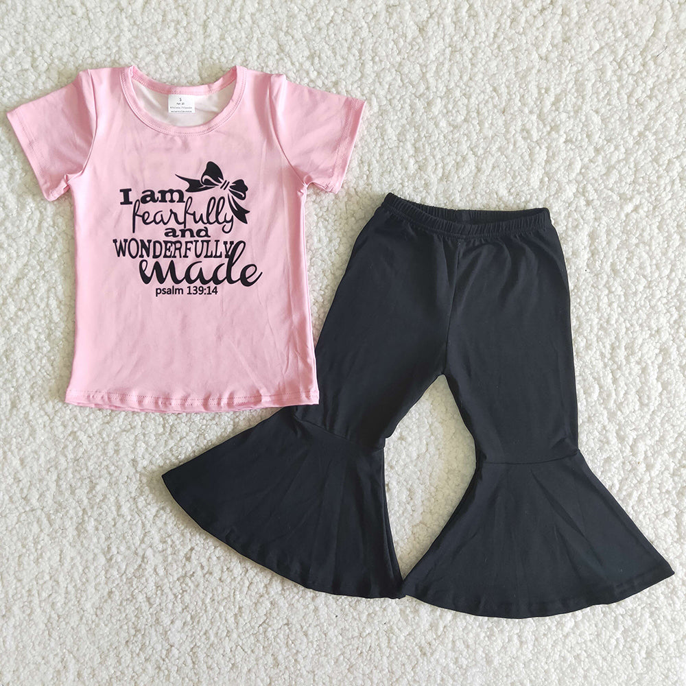 Promotion Baby Girl Short Sleeves Pink Shirt Black Cotton Bell Pants Outfit