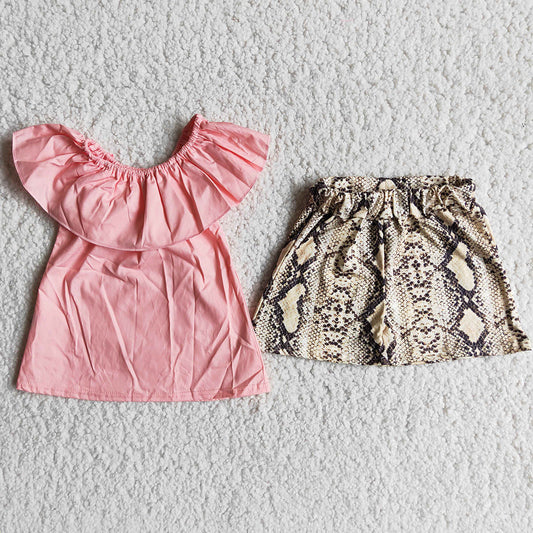 Promotion Baby Girl Pink Tops Snake Print Shorts Summer Set