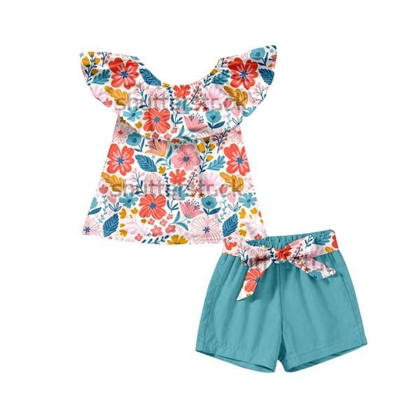 Baby girls floral pom pom top shorts summer sets