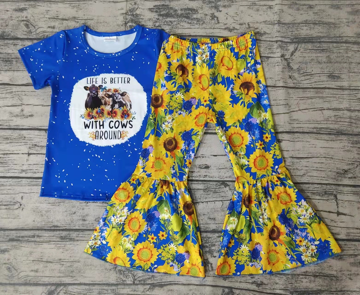 Promotion Baby Girl Blue Shirt Sunflower Bell Pants Set