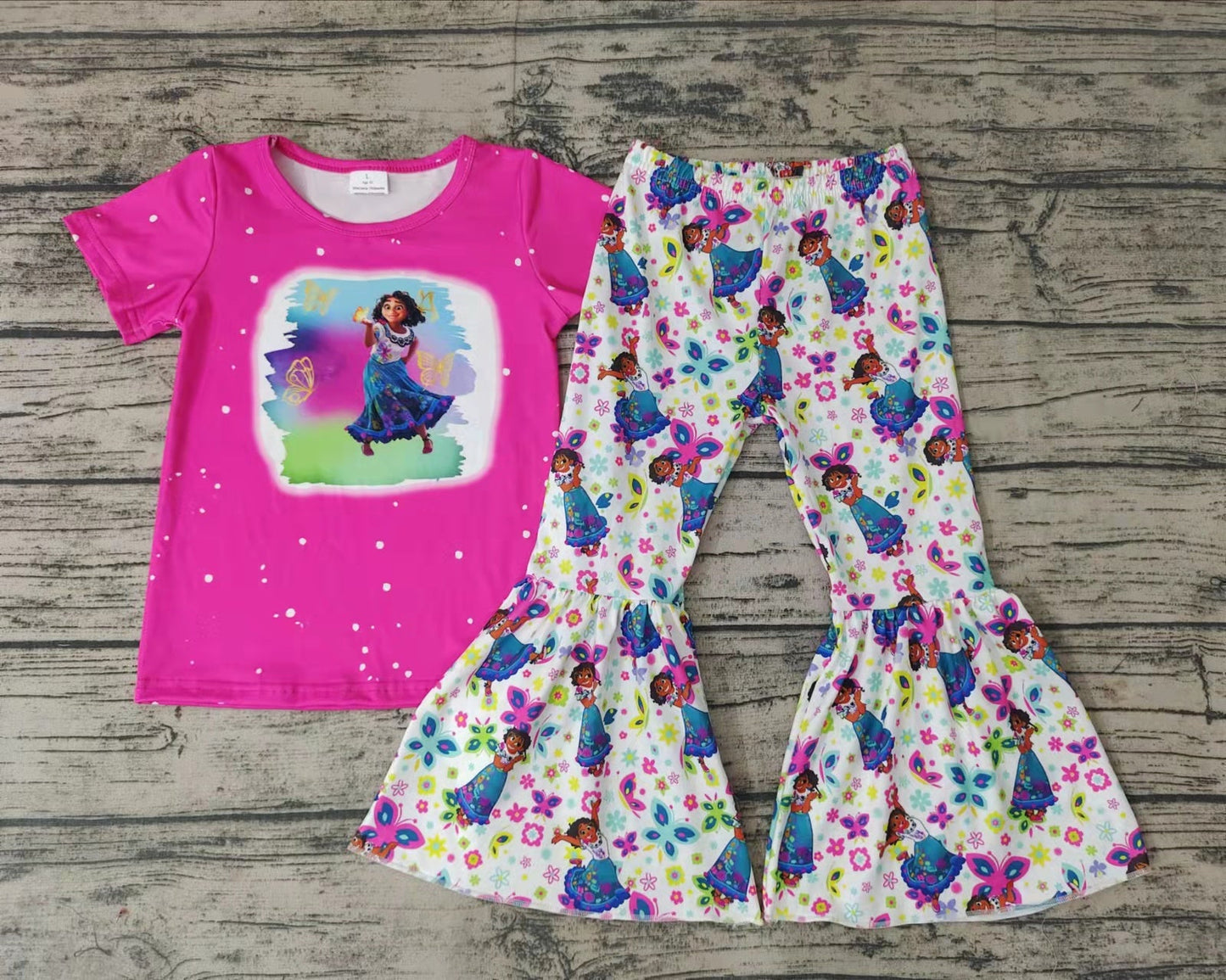 Promotion Baby Girl Pink Shirt Cartoon Bell Pants Set