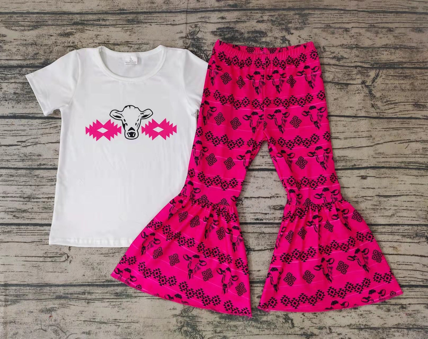 Promotion Baby Girl Cow Shirt Pink Bell Pants Set