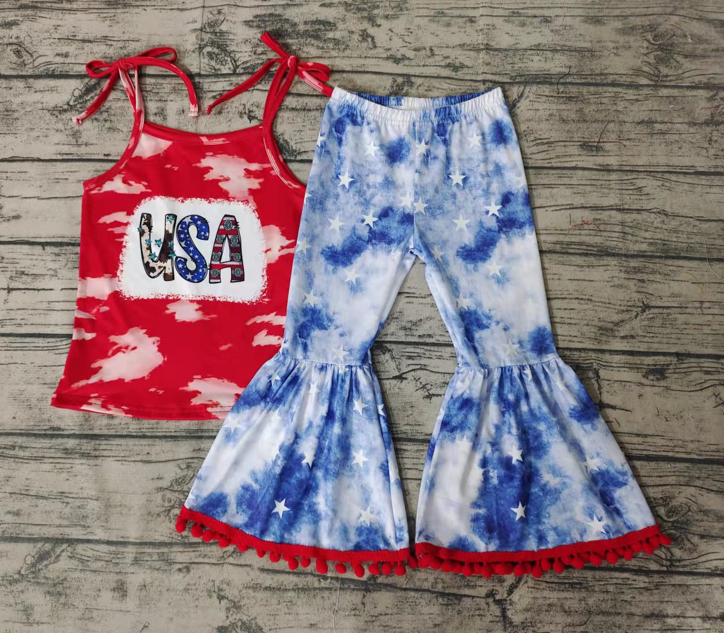 Promotion Baby Girl July 4th USA Tie Dye Bell Pants Outfit