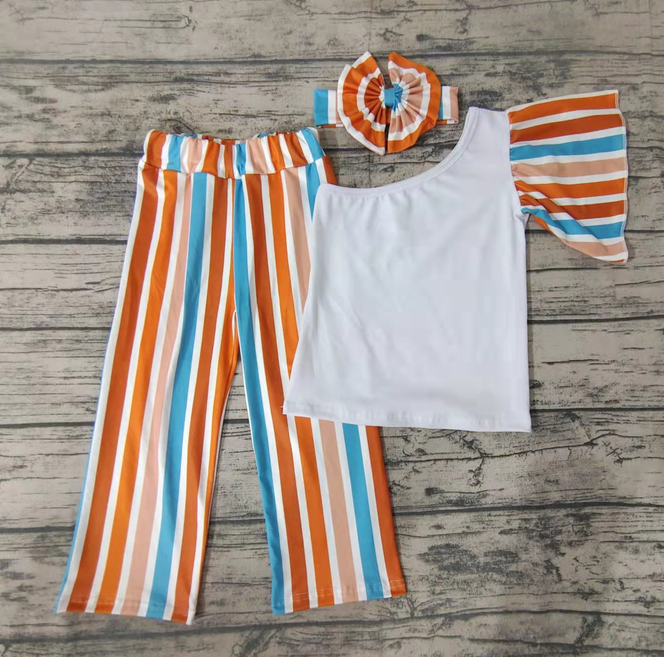 Promotion Baby Girl One shoulder Shirt Stripes Pants Set