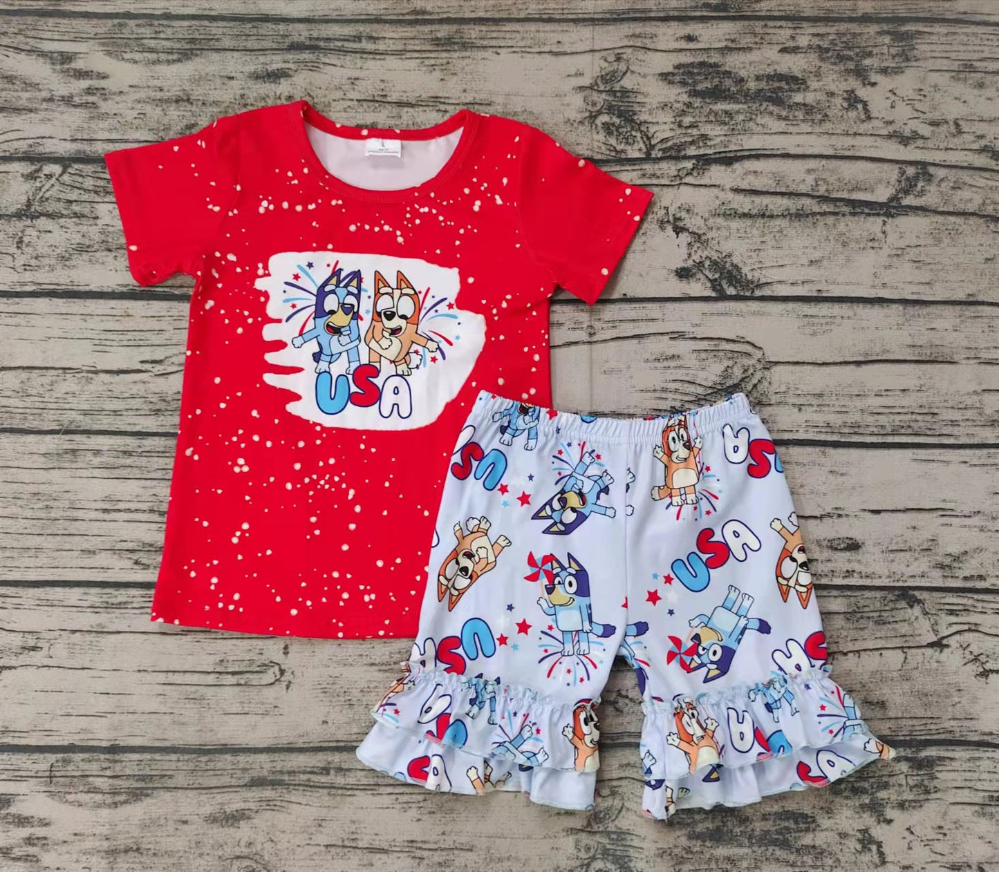 Promotion Baby Girl Red Shirt 4th of july Dogs Shorts Sets