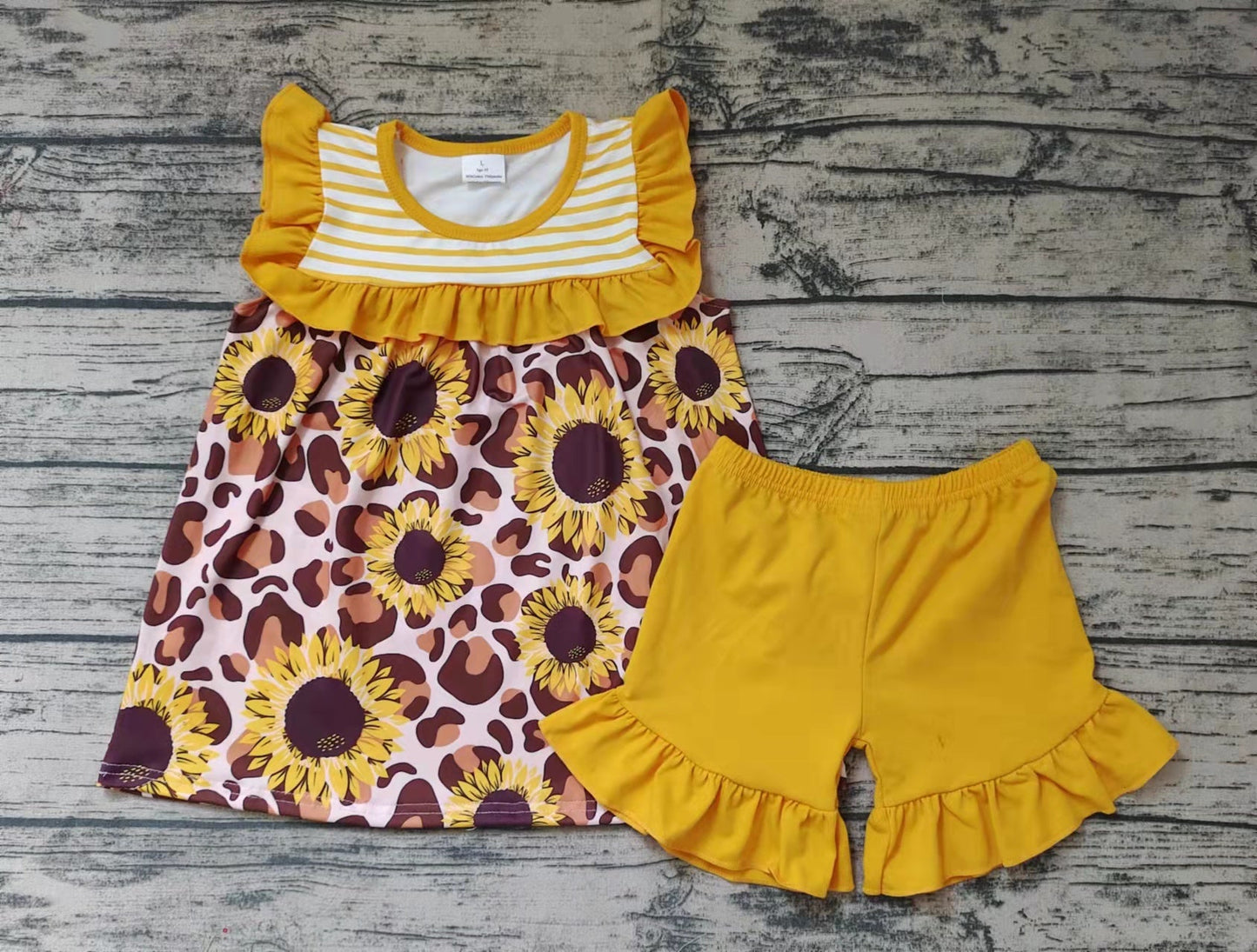 Promotion Baby Girl Sunflower Leopard Tops Yellow Shorts Set