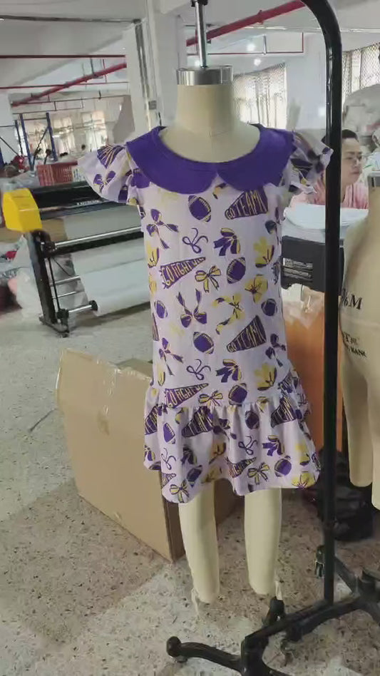 ( Mo moq ) Preorder Baby Girl Short Sleeves Cheer Purple Bows Summer Team Knee Length Dress