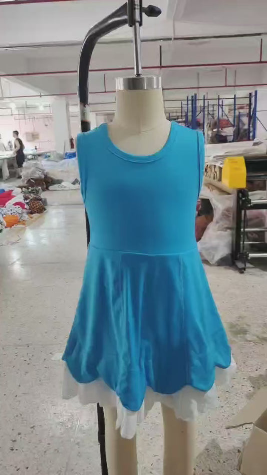 Preorder Baby Girl Sleeveless Yoga Active Lace Ruffle Blue Knee Length Dress（ No moq ）