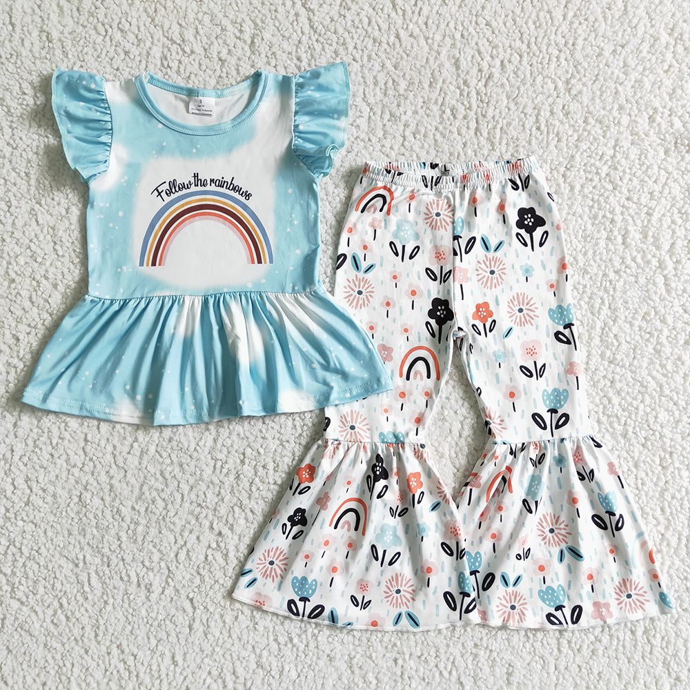 Promotion Baby Girl Follow The Rainbows Floral Bell Pants Set