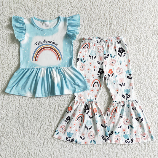 Promotion Baby Girl Follow The Rainbows Floral Bell Pants Set