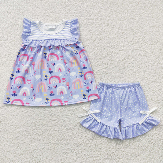 Promotion Baby Girl Floral Rainbow Shorts Summer Outfit